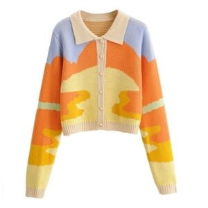multicolor Casual Lapel Cardigan Color Block Button Down cropped M